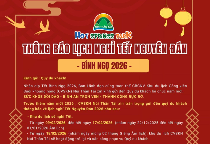 Núi Thần Tài thông báo lịch nghỉ tết nguyên đán 2026