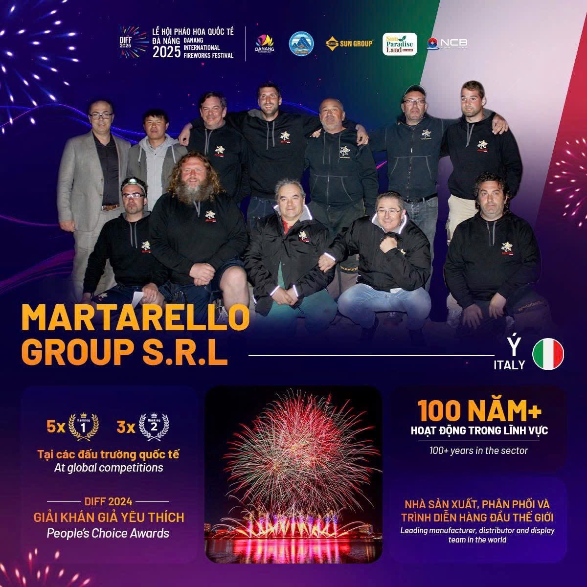 Hình ảnh có nhóm người đứng cùng nhau, mặc áo khoác đen với logo của Martarello Group S.R.L. Nền có pháo hoa rực rỡ, thể hiện không khí lễ hội. Có các thông tin về thành tích và hoạt động của công ty, như "5 lần tại các đấu trường quốc tế" và "100 năm hoạt động trong lĩnh vực". Phía dưới có dòng chữ "Giải khán giả yêu thích People's Choice Awards". Nhóm Martarello Group S.R.L từ Ý tại lễ hội DIFF 2024, kỷ niệm 100 năm hoạt động.