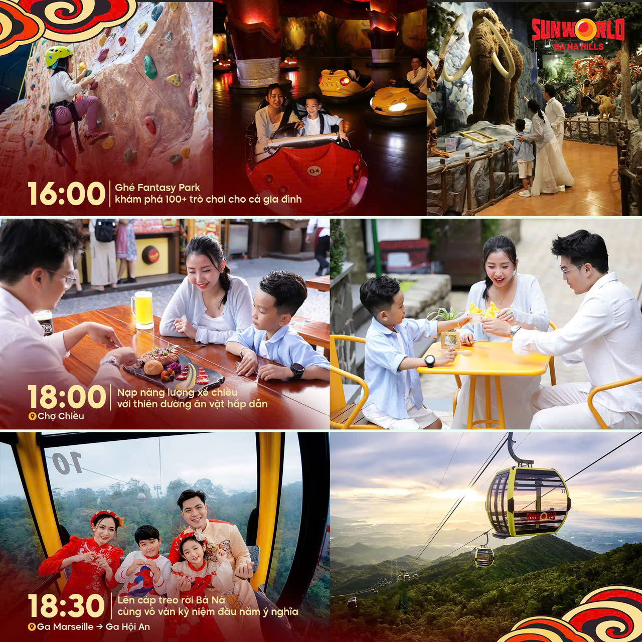 Hình ảnh mô tả một ngày tại Sun World Đà Nẵng với các hoạt động. Phía trên bên trái là hình ảnh khu Fantasy Park với trò chơi mạo hiểm. Bên phải là gia đình thưởng thức ẩm thực trong nhà hàng. Phía dưới có thời gian cho các hoạt động: 16:00 tại Fantasy Park, 18:00 tại O Châu Chíêu và 18:30 đi cáp treo Bà Nà. Cảnh sắc rực rỡ với nhiều màu sắc, thể hiện không khí vui tươi và sôi động. Ảnh chụp hoạt động vui chơi tại Sunworld Bà Nà Hills với gia đình, bao gồm Fantasy Park và cáp treo.