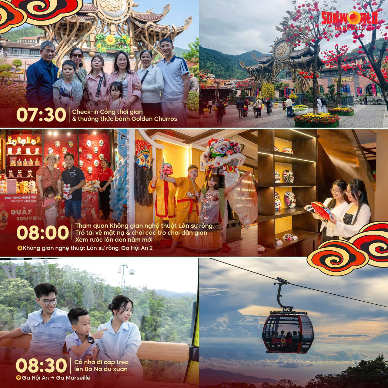 Hình ảnh mô tả một lịch trình tham quan tại một khu du lịch. Ở góc trên bên trái là khung giờ 07:30 với hình ảnh nhóm du khách làm thủ tục check-in tại cổng, bên cạnh là bánh Golden Churros. Ở góc trên bên phải là khung 08:00, cho thấy du khách tham quan khu vực đồ lưu niệm và trang trí với nhiều màu sắc rực rỡ. Góc dưới bên trái có hình ảnh gia đình vui vẻ cùng nhau, trong khi góc dưới bên phải là cảnh cáp treo và phong cảnh tuyệt đẹp, mang lại cảm giác thư giãn và khám phá. Hình ảnh ghi lại các hoạt động tại Bà Nà Hills, Đà Nẵng, với thời gian và trải nghiệm vui chơi.