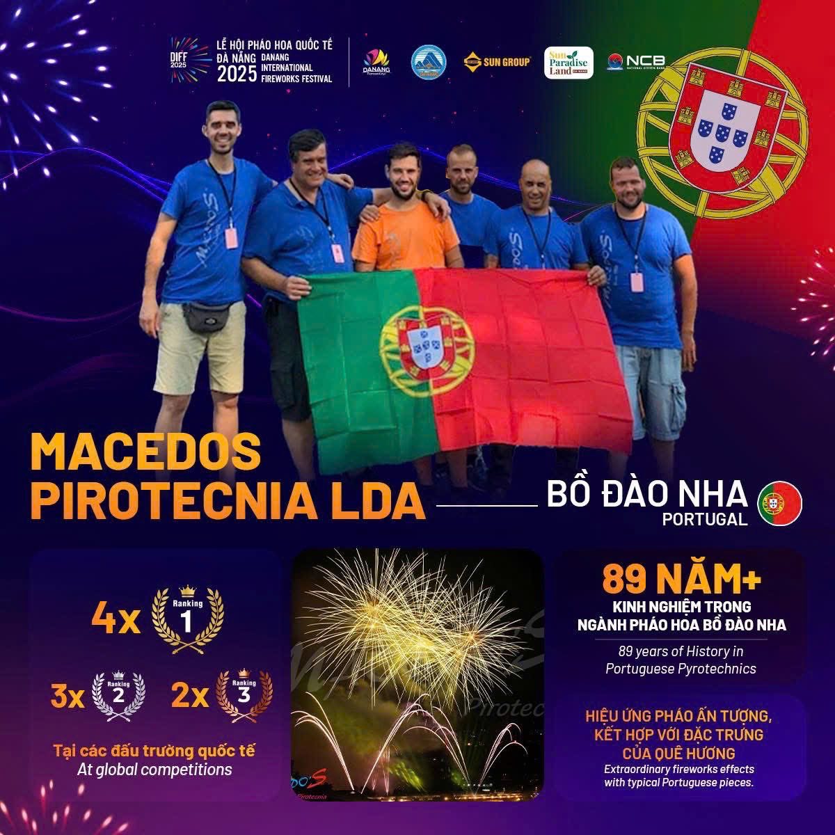 Nhóm người cầm cờ Bồ Đào Nha tại lễ hội pháo hoa quốc tế Đà Nẵng 2025.