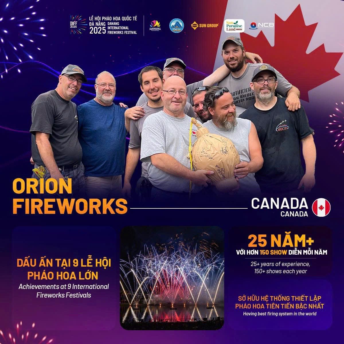 Bức ảnh có nhóm người đứng cùng nhau, họ đang mỉm cười và tạo dáng vui vẻ. Phía trên có biểu tượng lá phong Canada và chữ "CANADA". Ở giữa, có thông tin về Orion Fireworks, nhấn mạnh 25 năm kinh nghiệm và tham gia 9 lễ hội pháo hoa quốc tế. Hình nền có màu sắc tươi sáng, tạo cảm giác lễ hội. Đội Orion Fireworks tại lễ hội pháo hoa Canada, kỷ niệm 25 năm hoạt động.