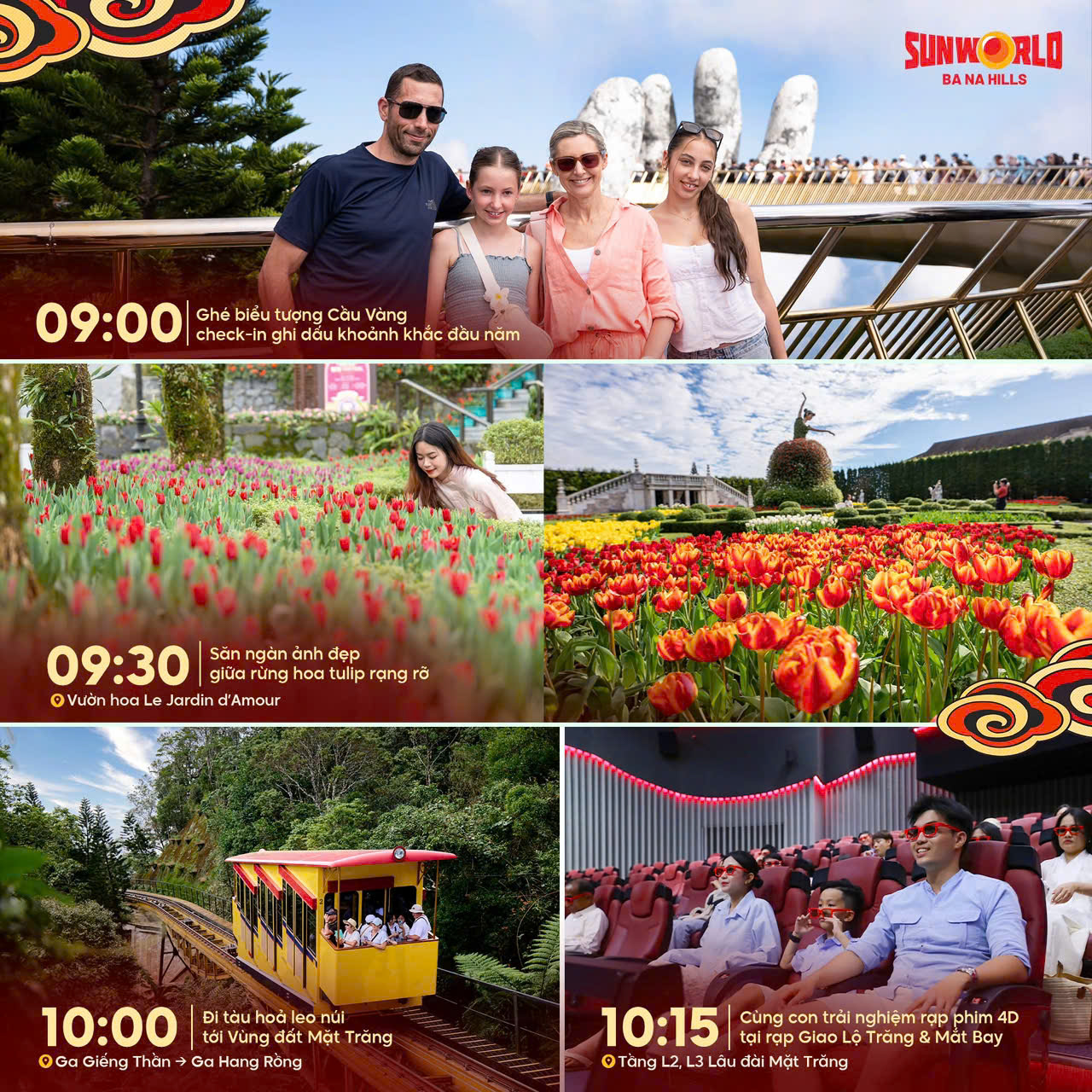 Bức ảnh gồm 4 khung hình mô tả hoạt động tại Sunworld Bà Nà Hills. Khung 1: Biểu tượng Cầu Vàng, du khách check-in. Khung 2: Vườn hoa La Jardin d'Amour với hoa tulip rực rỡ. Khung 3: Cáp treo lên đỉnh núi, khung cảnh hùng vĩ. Khung 4: Rạp chiếu phim 4D, du khách trải nghiệm cùng kính 3D. Hình ảnh mô tả các hoạt động tại Sunworld Bà Nà Hills, Đà Nẵng với thời gian và địa điểm cụ thể.