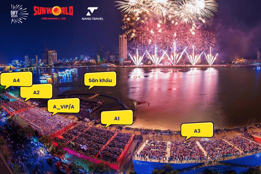 Hình ảnh lễ hội pháo hoa tại Đà Nẵng với khung cảnh sông Hàn và sân khấu.