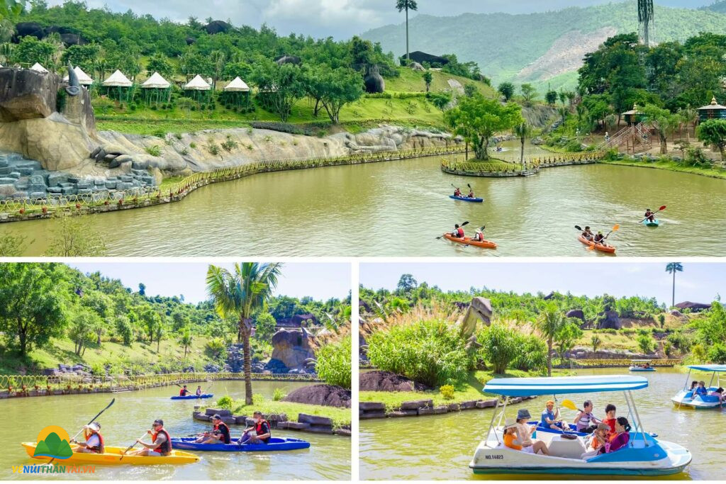 Du khách tham gia chèo thuyền kayak và thuyền pedal tại hồ Núi Thần Tài Đà Nẵng, trải nghiệm thể thao dưới không gian thiên nhiên tuyệt đẹp