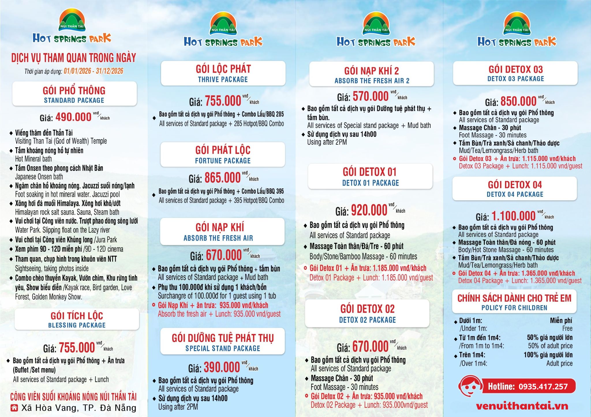 Bảng giá dịch vụ tại Suối Khoáng Nóng Bà Nà Hills, Đà Nẵng.