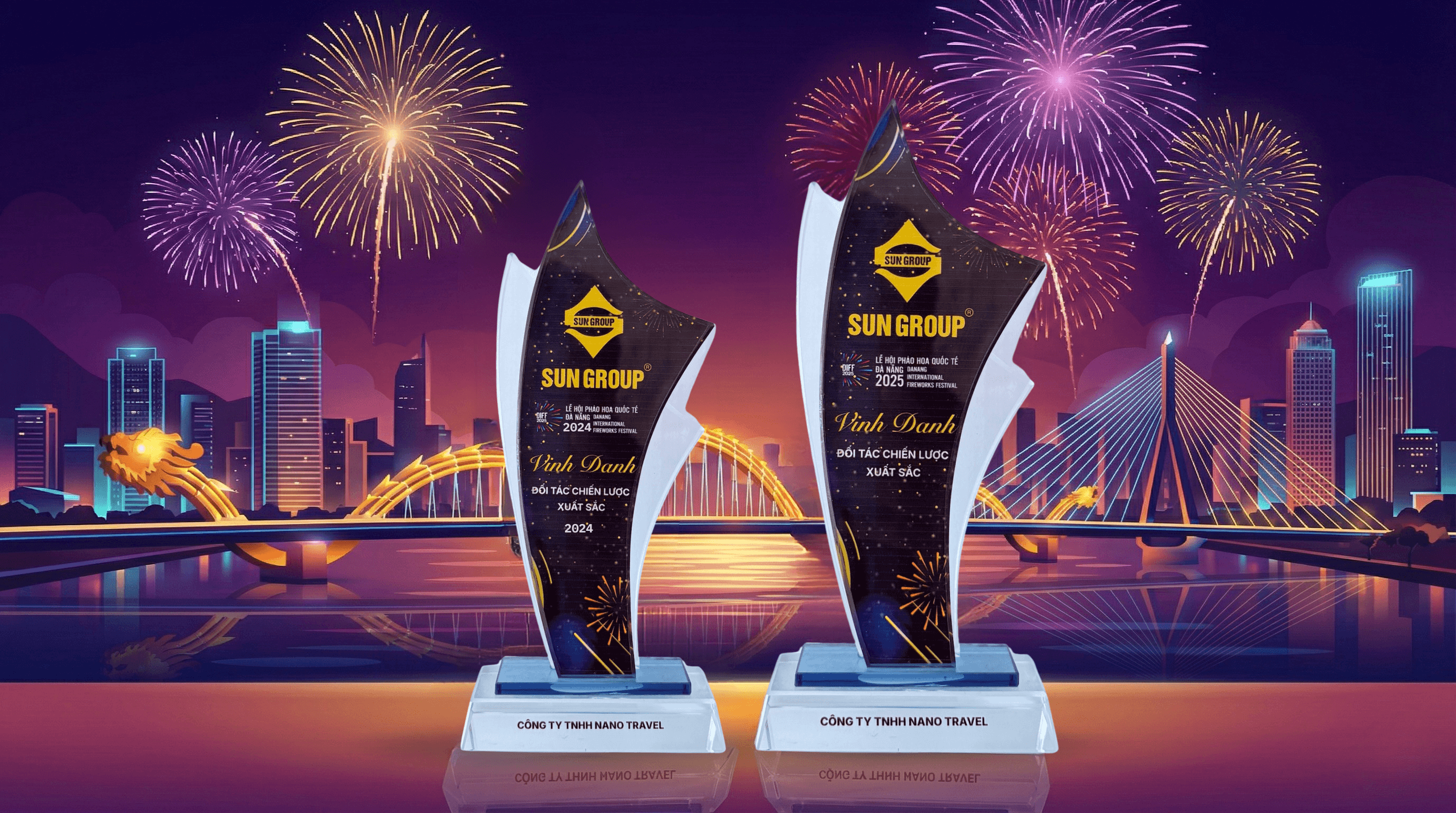 Giải thưởng và phao hoa trên nền thành phố Đà Nẵng, thể hiện sự vinh danh của Sun Group.