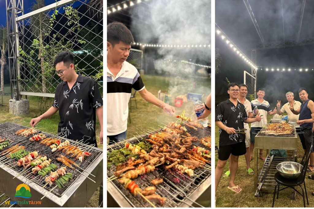 Những khoảnh khắc vui vẻ trong tiệc BBQ tại khu cắm trại Núi Thần Tài Đà Nẵng, nhóm bạn cùng nhau nướng thịt và thưởng thức bữa tiệc ngoài trời
