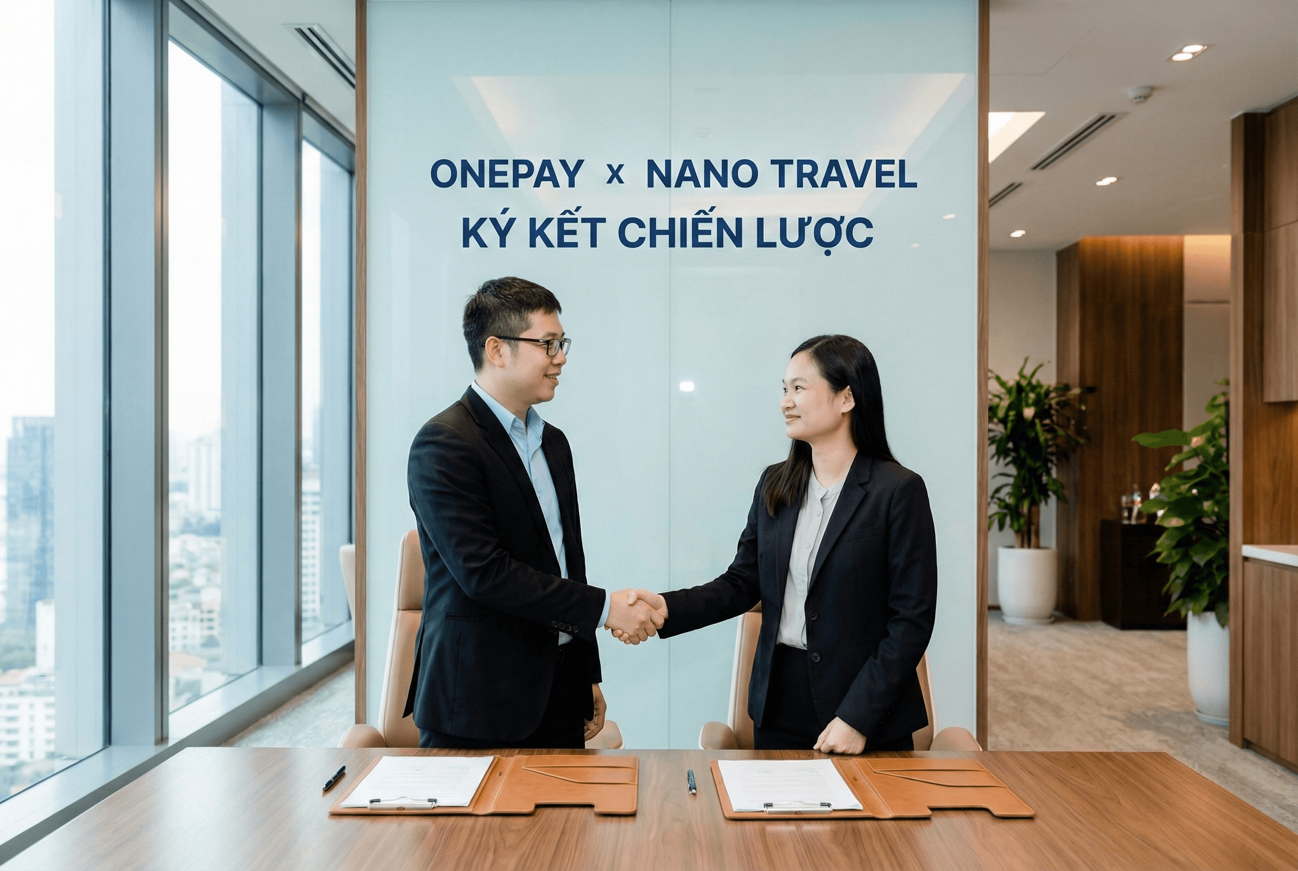 Hình ảnh ghi lại khoảnh khắc hai người đang bắt tay trong một không gian văn phòng hiện đại. Phía sau họ là một bức tường có chữ "ONEPAY x NANO TRAVEL KÝ KẾT CHIẾN LƯỢC". Bàn làm việc có hai bản hợp đồng và bút. Xung quanh có cây xanh và cửa sổ lớn, mang lại ánh sáng tự nhiên. Hình ảnh lễ ký kết hợp tác chiến lược giữa ONEPAY và NANO TRAVEL tại văn phòng.