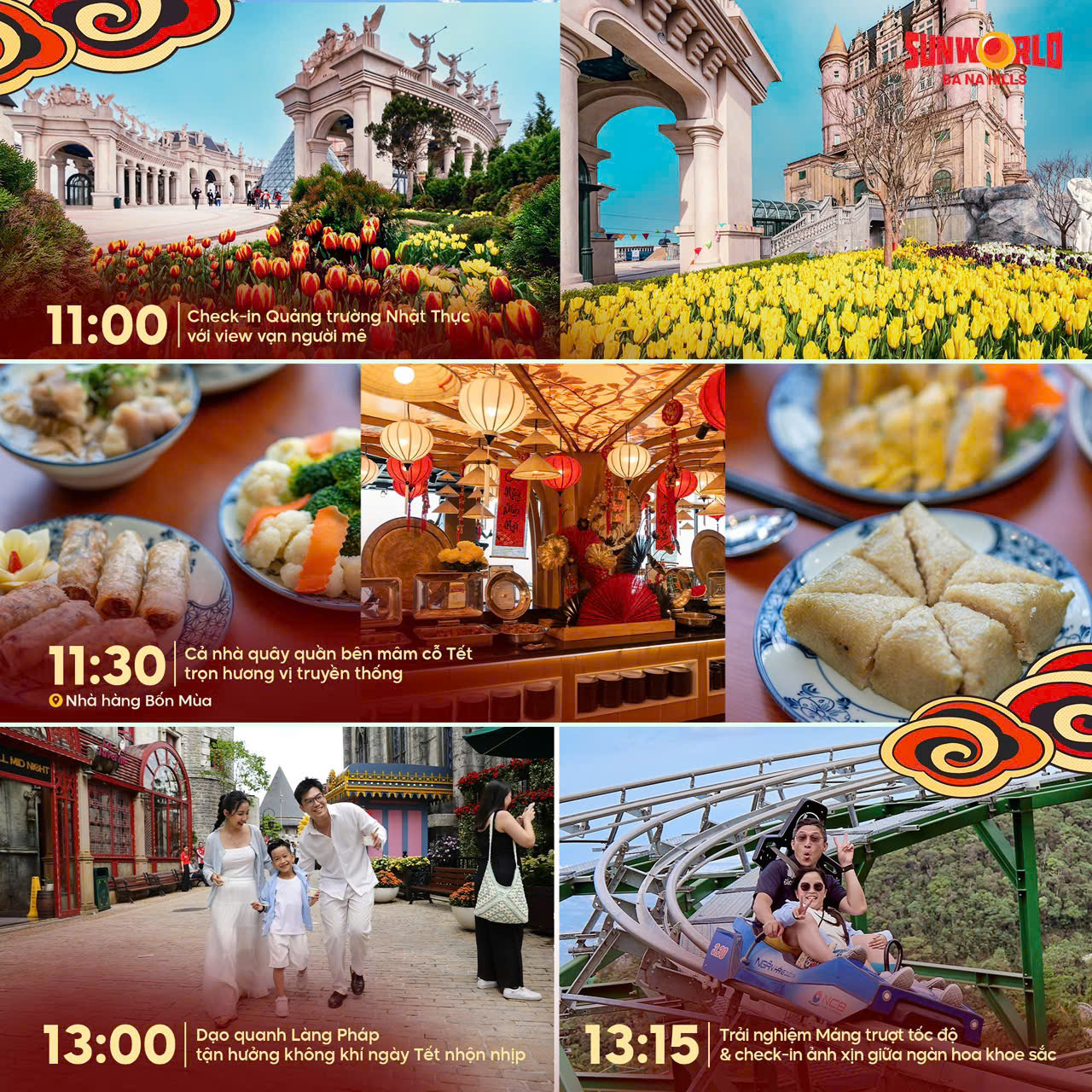 Hình ảnh mô tả một lịch trình tham quan tại Sun World Hạ Long. Ở phía trên bên trái là khung cảnh quảng trường Nhật Thực. Bên phải là một tòa nhà kiến trúc đặc sắc. Phía dưới, có món ăn truyền thống, không gian nhà hàng Bồn Mùa và hoạt động chụp ảnh gia đình vui vẻ. Thời gian cụ thể cho từng hoạt động được ghi rõ: 11:00, 11:30, 13:00 và 13:15. Hình ảnh mô tả lịch trình tham quan Bà Nà Hills với các hoạt động thú vị trong ngày Tết.