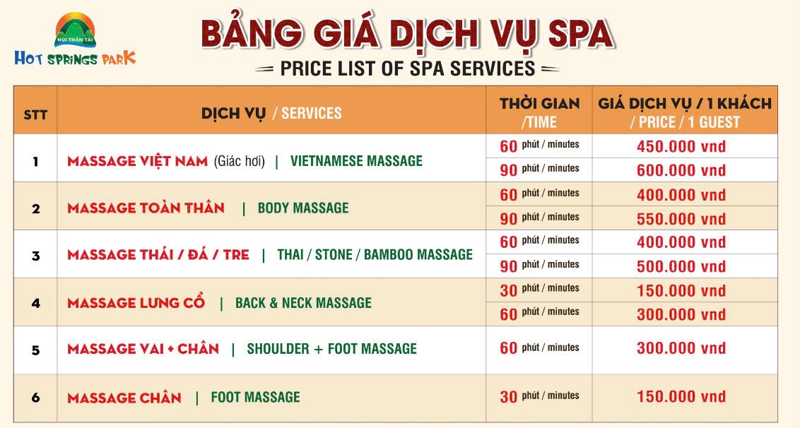 Bảng giá dịch vụ Massage Núi Thần Tài