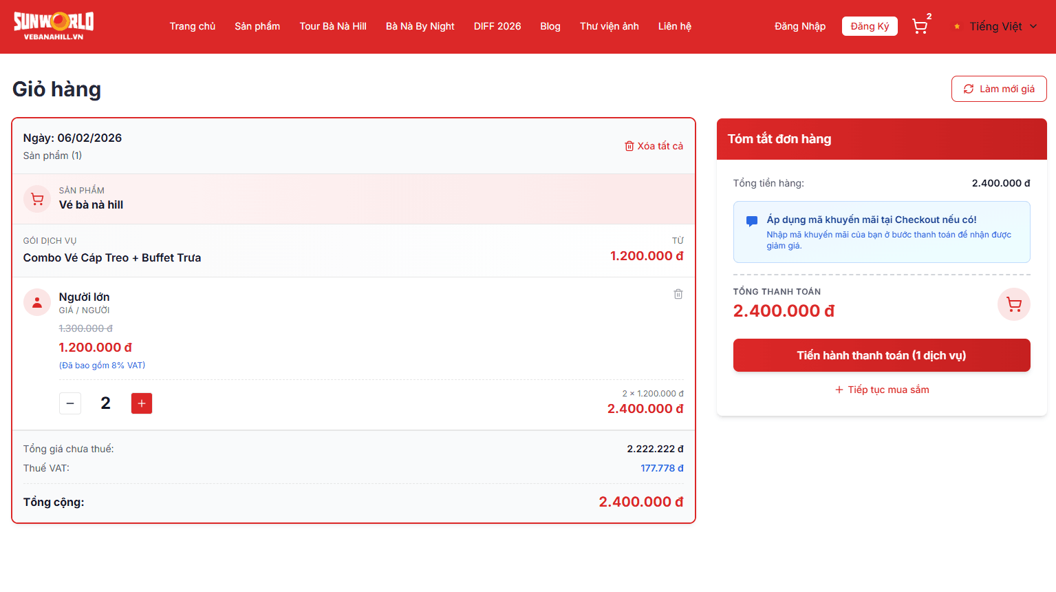 Giao diện giỏ hàng của trang web Sun World, ngày 06/02/2026. Có hai sản phẩm: "Combo Vui Cây Treo + Buffet Trưa" với giá 1.200.000 VNĐ và "Người Lớn" với giá 1.200.000 VNĐ. Tổng cộng là 2.400.000 VNĐ. Có thông báo về việc thanh toán và hướng dẫn sử dụng voucher. Giỏ hàng đặt combo Bà Nà Hills và buffet trưa trên trang web Sun World.