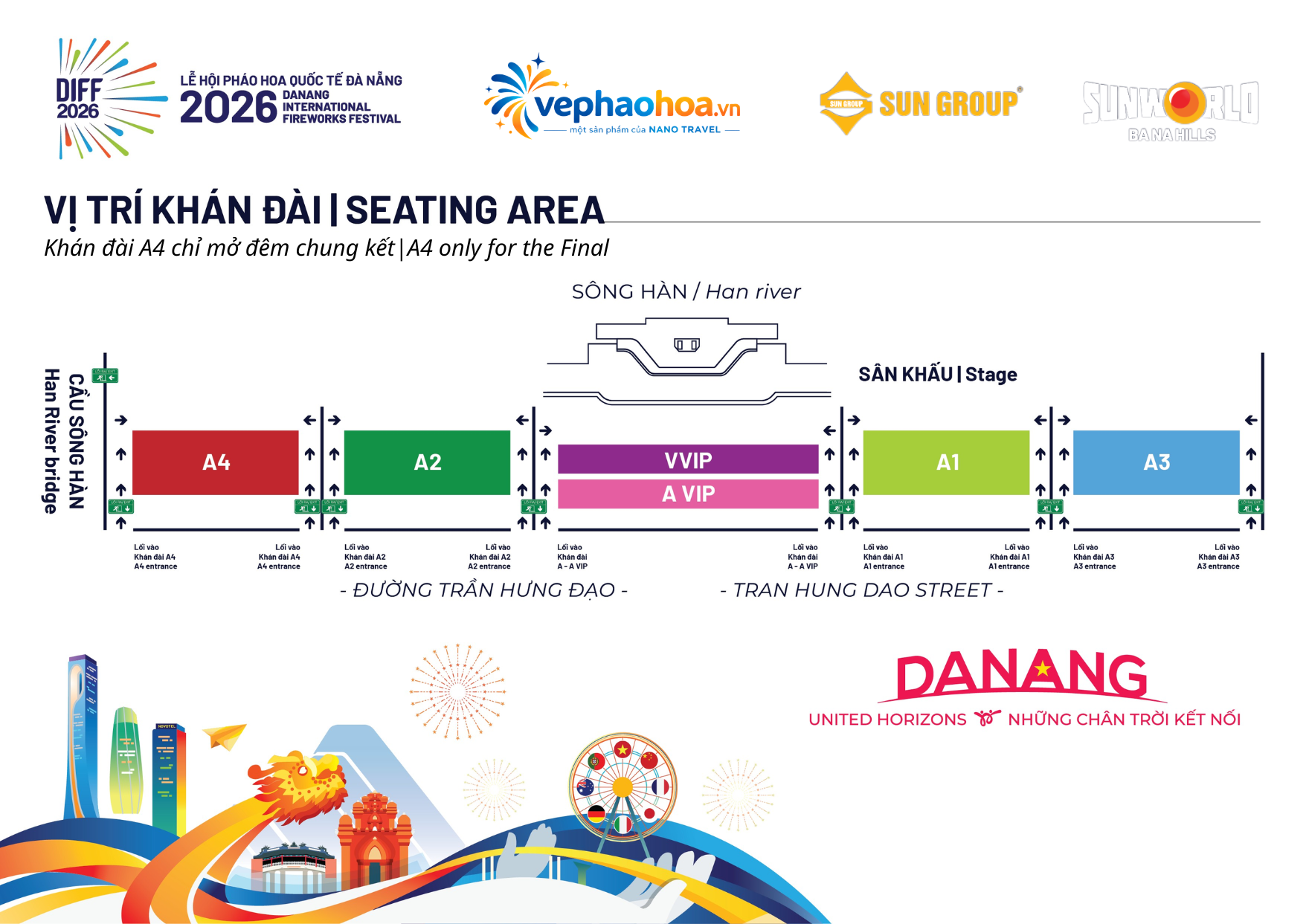 Hình ảnh là một sơ đồ bố trí khu vực khán đài cho sự kiện. Nó chia thành các khu vực ngồi như VVVIP, A VIP, A, và một khu vực dành cho khán giả thường. Sơ đồ cũng chỉ rõ vị trí của sân khấu và dòng sông Hàn, cùng với các lối đi và hướng di chuyển. Màu sắc tươi sáng và biểu tượng rõ ràng giúp người xem dễ dàng nhận diện các khu vực. Sơ đồ vị trí khán đài sự kiện DIFF 2023 tại Đà Nẵng.