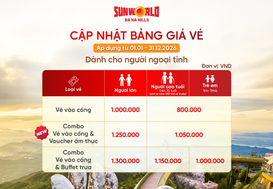 Cập nhật bảng giá vé Sunworld Bà Nà Hills, áp dụng từ 01.01 - 31.12.2026.