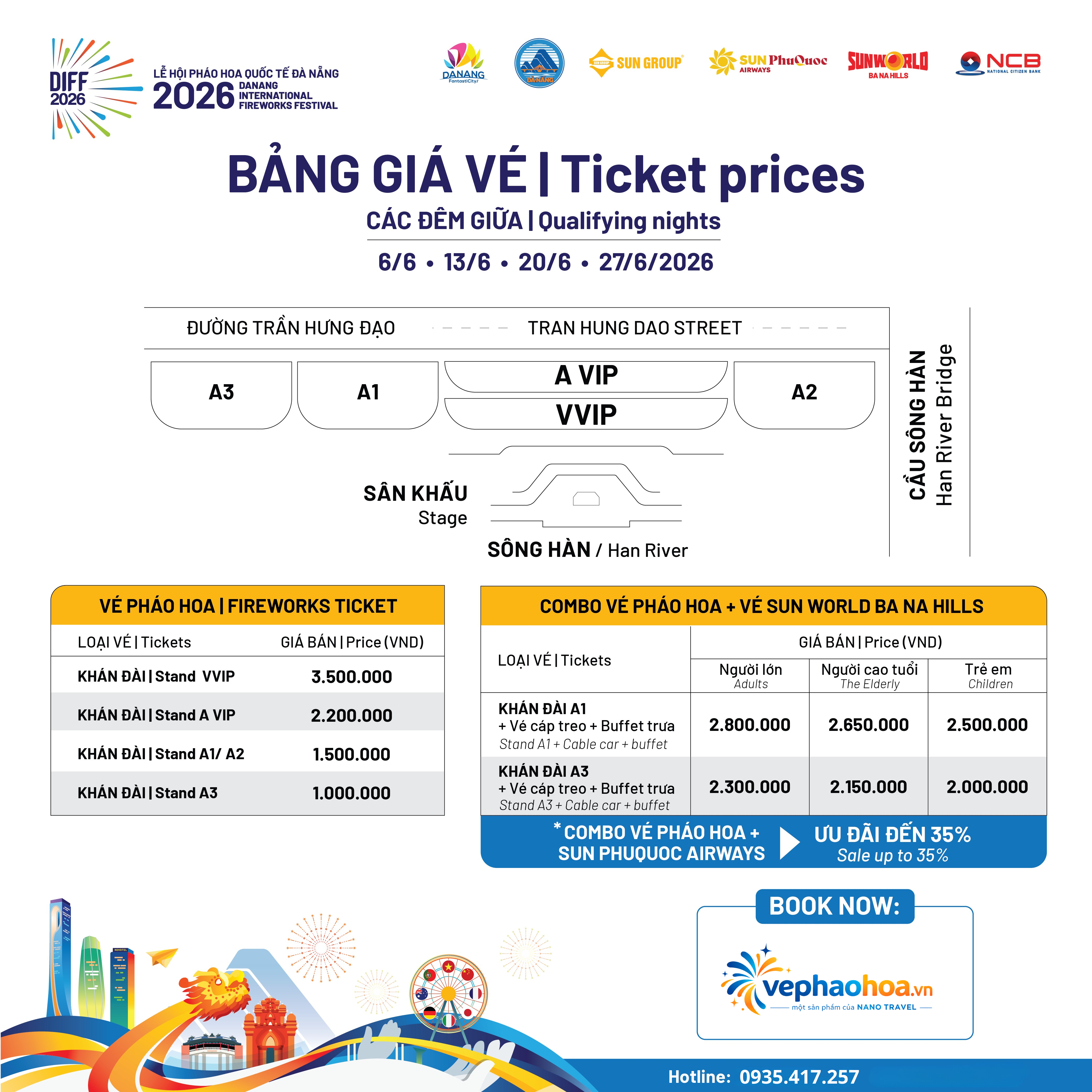 Bảng giá vé cho lễ hội pháo hoa Quốc tế Đà Nẵng 2026, thông tin chi tiết về các loại vé.
