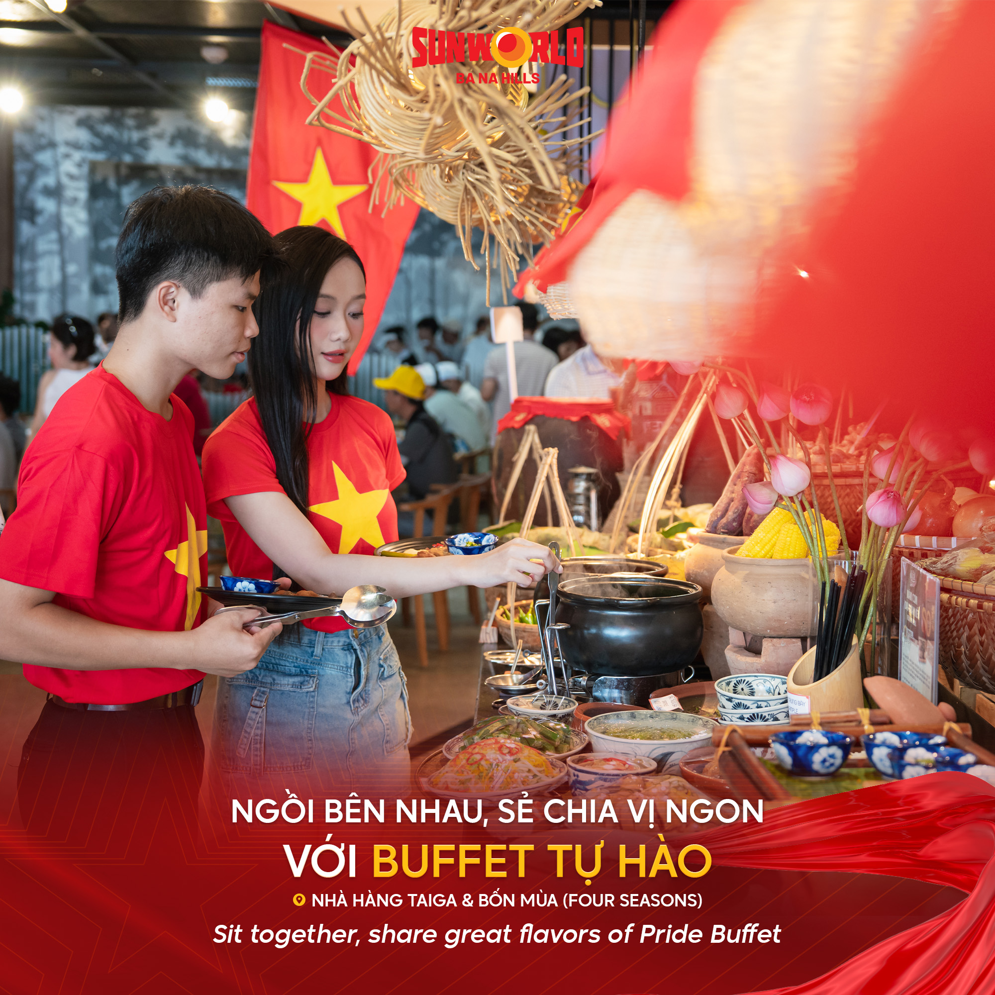 Một cặp đôi đang thưởng thức buffet tại nhà hàng Taiga ở Bà Nà Hills, Đà Nẵng
