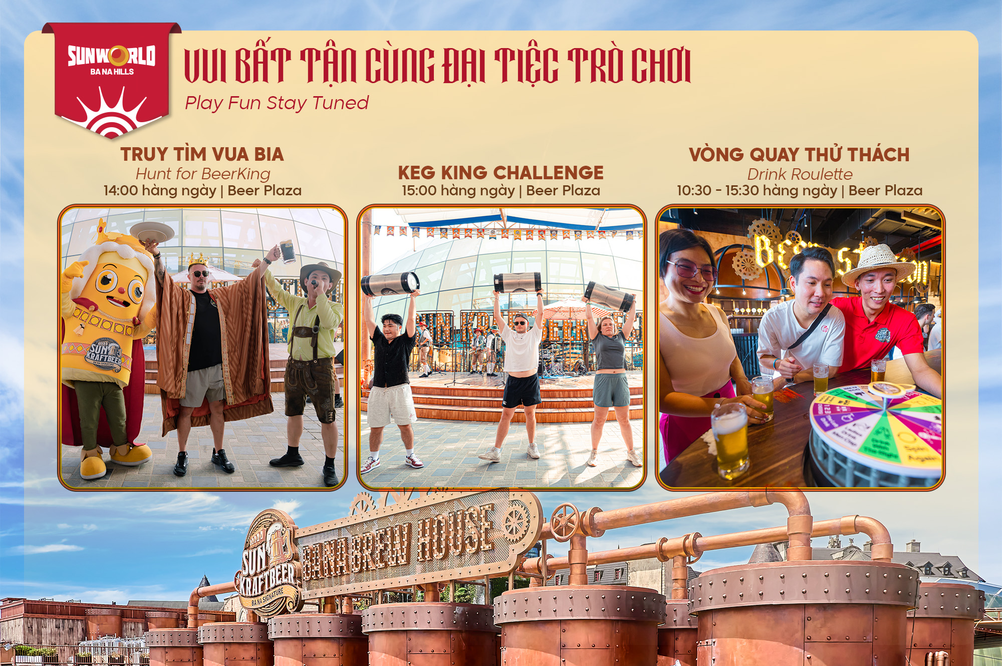 Bảng thông tin về các hoạt động vui chơi tại Bà Nà Hills, bao gồm trò chơi "Truy tìm vua bia", "Keg King Challenge" và "Vòng quay thử thách", diễn ra tại Beer Plaza.