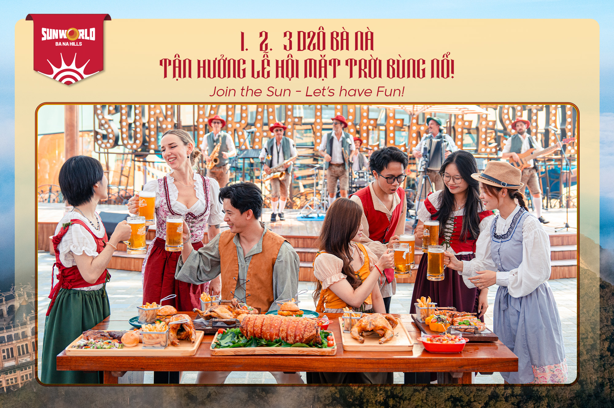 Khung cảnh lễ hội tại Bà Nà Hills với nhóm bạn trẻ vui vẻ thưởng thức ẩm thực và tham gia các hoạt động giải trí, tạo không khí sôi động và ấm cúng.