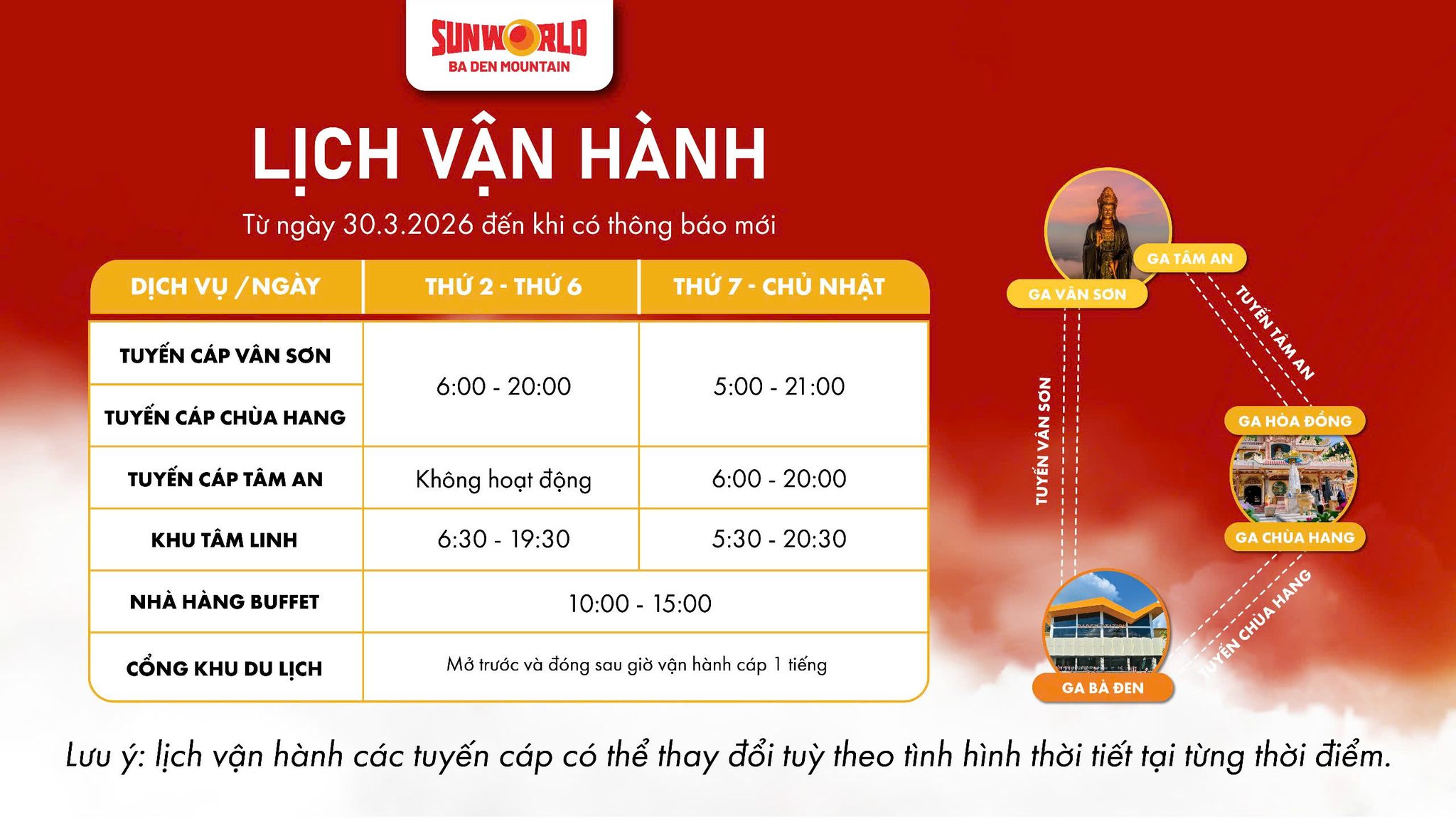 Lịch vận hành Núi Bà Đen từ SunWorld, cập nhật 30.03.2026.