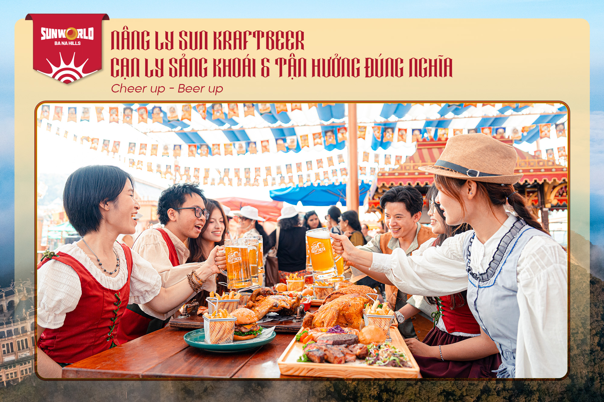 Khung cảnh vui tươi tại Bà Nà Hills, Đà Nẵng, với nhóm bạn trẻ thưởng thức món ăn ngon và đồ uống trong không gian lễ hội, tạo nên bầu không khí ấm cúng và sôi động.