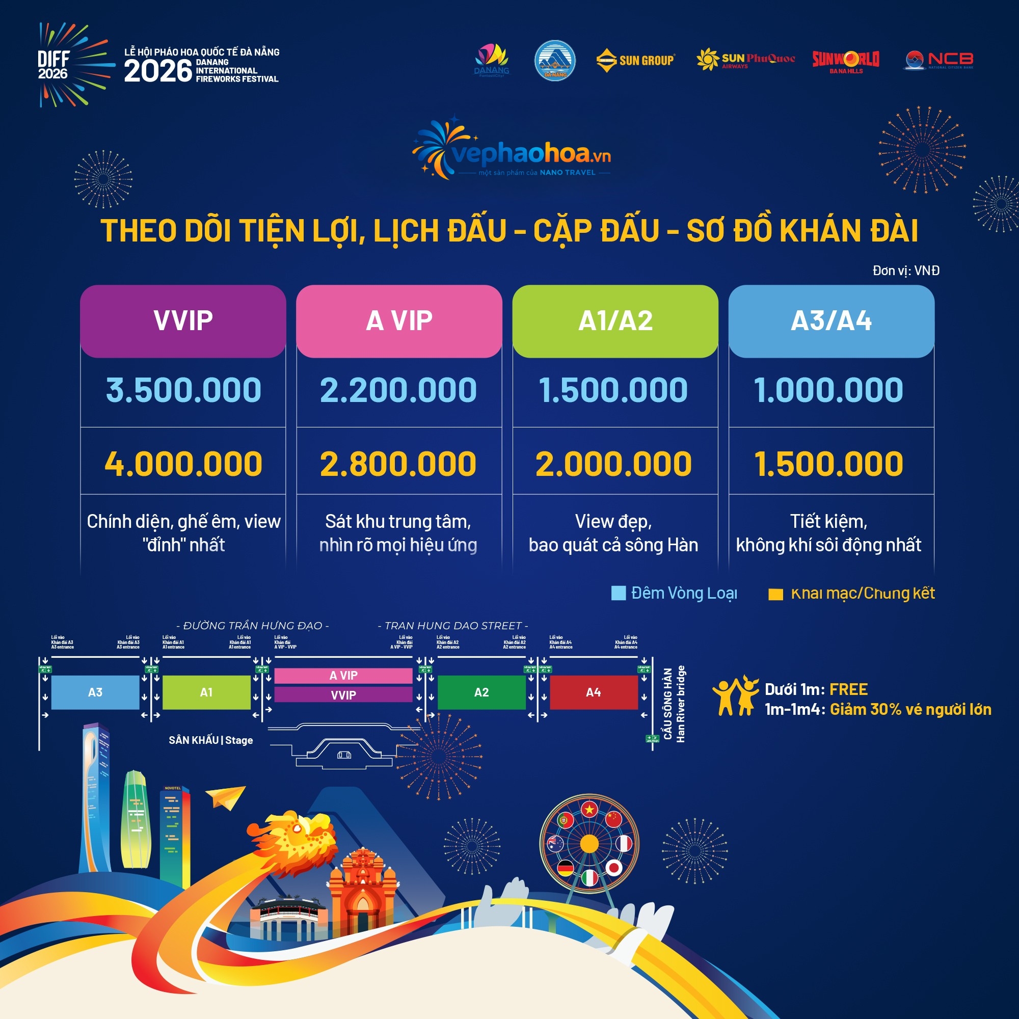 Ticket price list for the Da Nang International Fireworks Festival 2026 in Da Nang with different seating categories