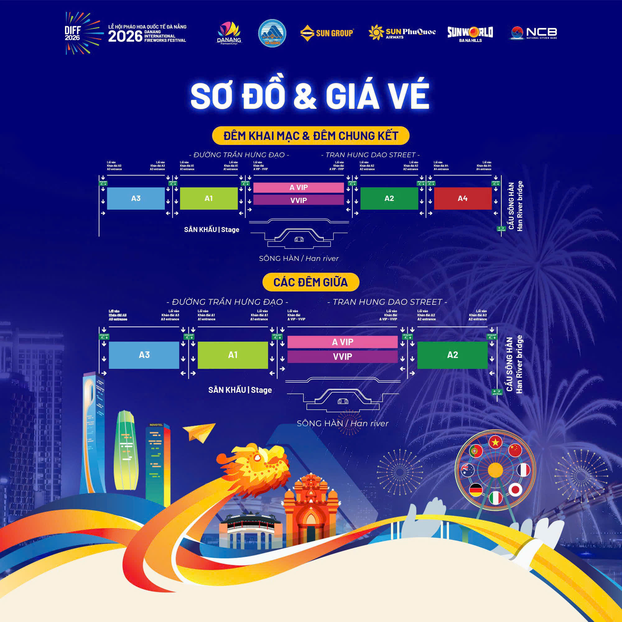 Sơ đồ vị trí khán đài pháo hoa Đà Nẵng DIFF 2026