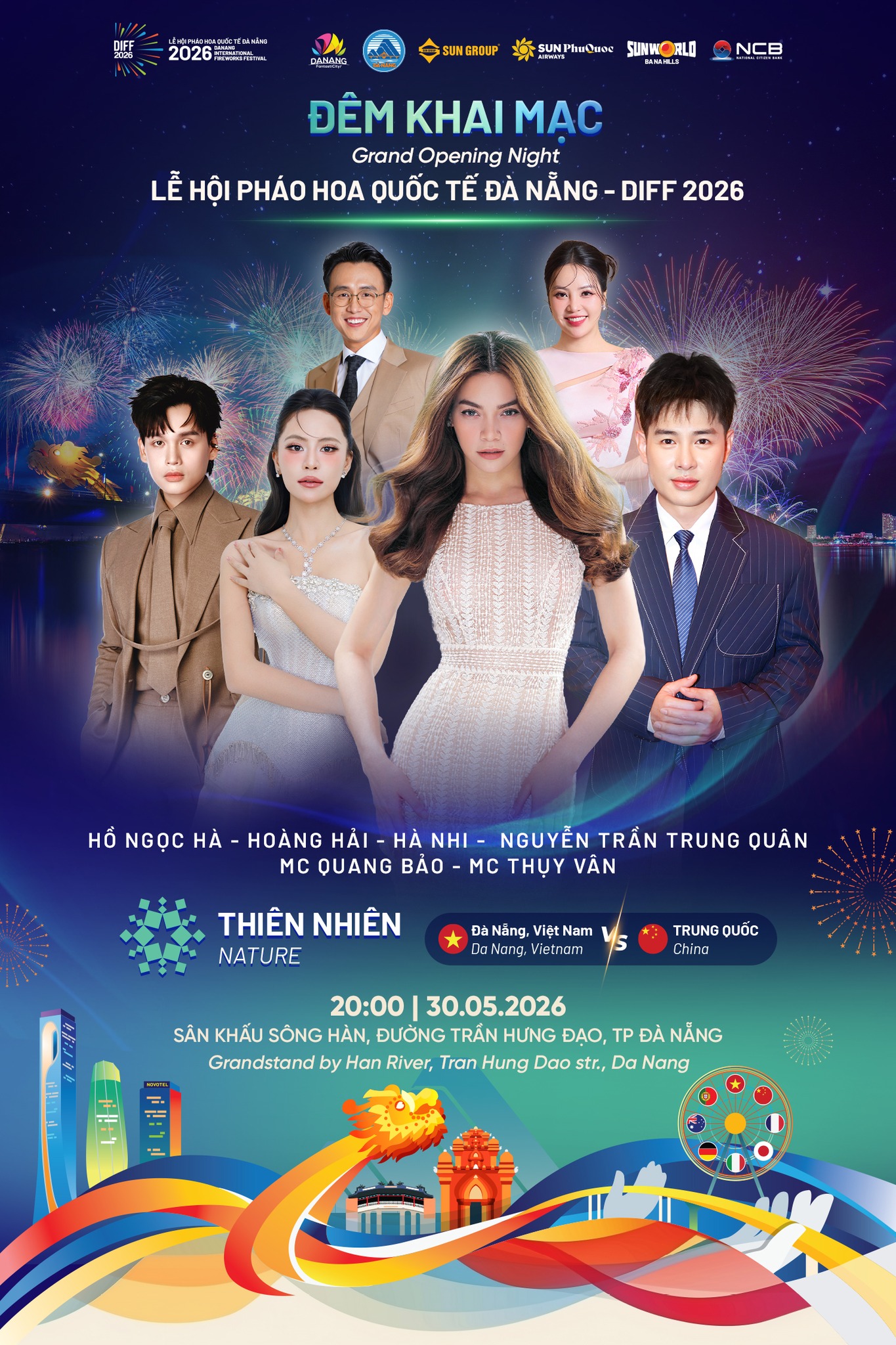 Đêm khai mạc Lễ hội Pháo hoa Quốc tế Đà Nẵng 2026 với các nghệ sĩ nổi bật, ánh đèn rực rỡ và không khí lễ hội tại Bà Nà Hills.