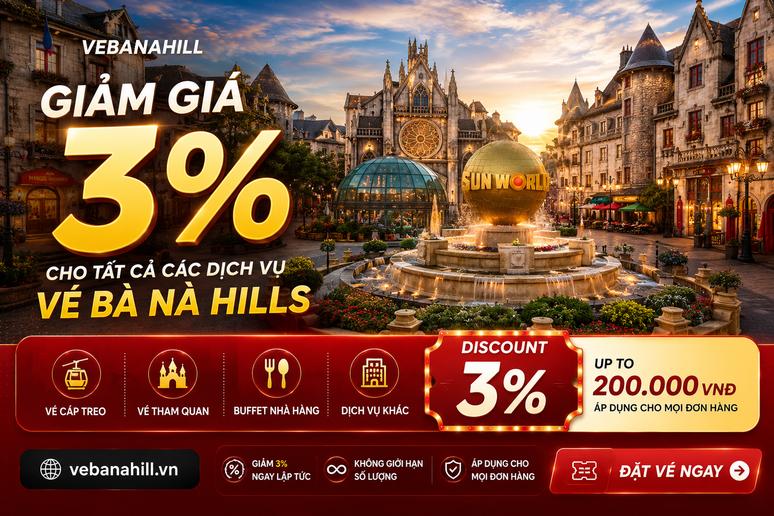 discount_3_percent_2.png Khung cảnh Bà Nà Hills lung linh với thông tin khuyến mãi giảm giá 3% cho các dịch vụ, bao gồm vé cáp treo, tham quan và buffet nhà hàng, cùng với hướng dẫn đặt vé trực tuyến.