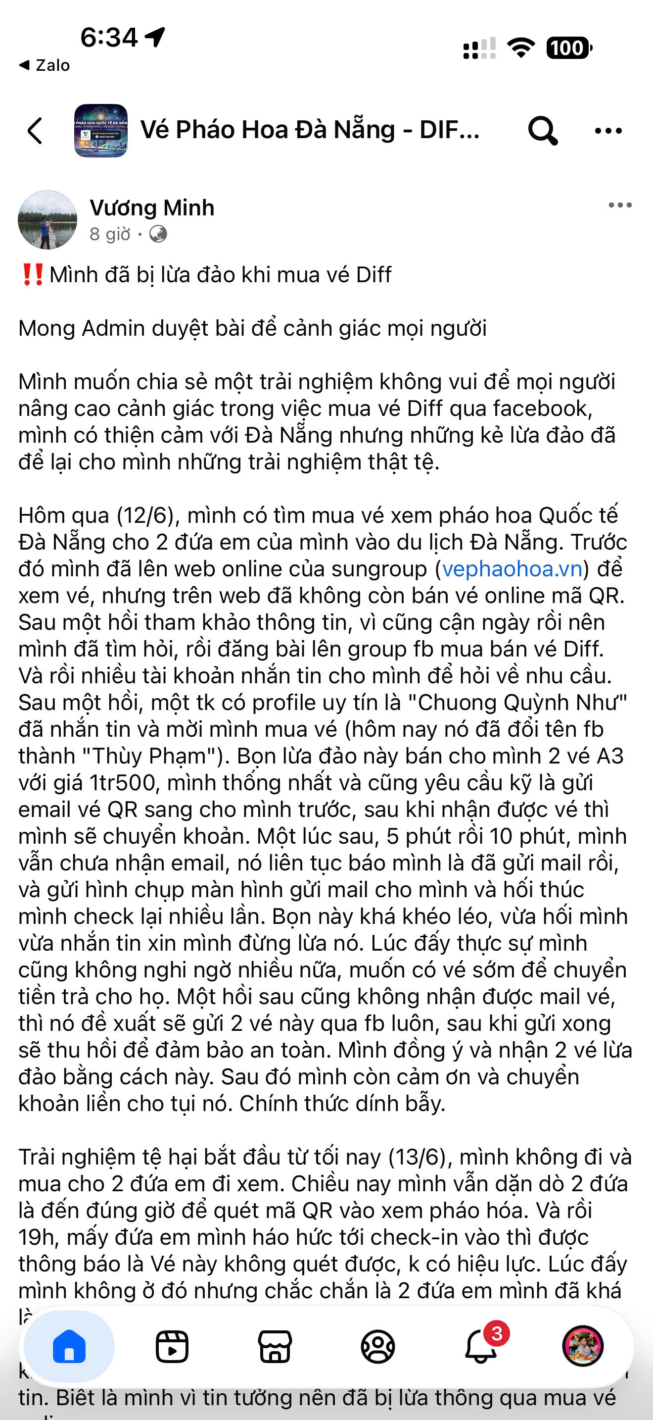 ec31d040-4905-44ee-9811-d6e38648c1e8.jpg Cảnh báo về việc gia tăng lừa đảo vé pháo hoa trong dịp lễ hội, với thông tin từ một người dùng chia sẻ trên mạng xã hội. Nội dung nhấn mạnh sự cần thiết phải cẩn trọng khi mua vé trực tuyến.