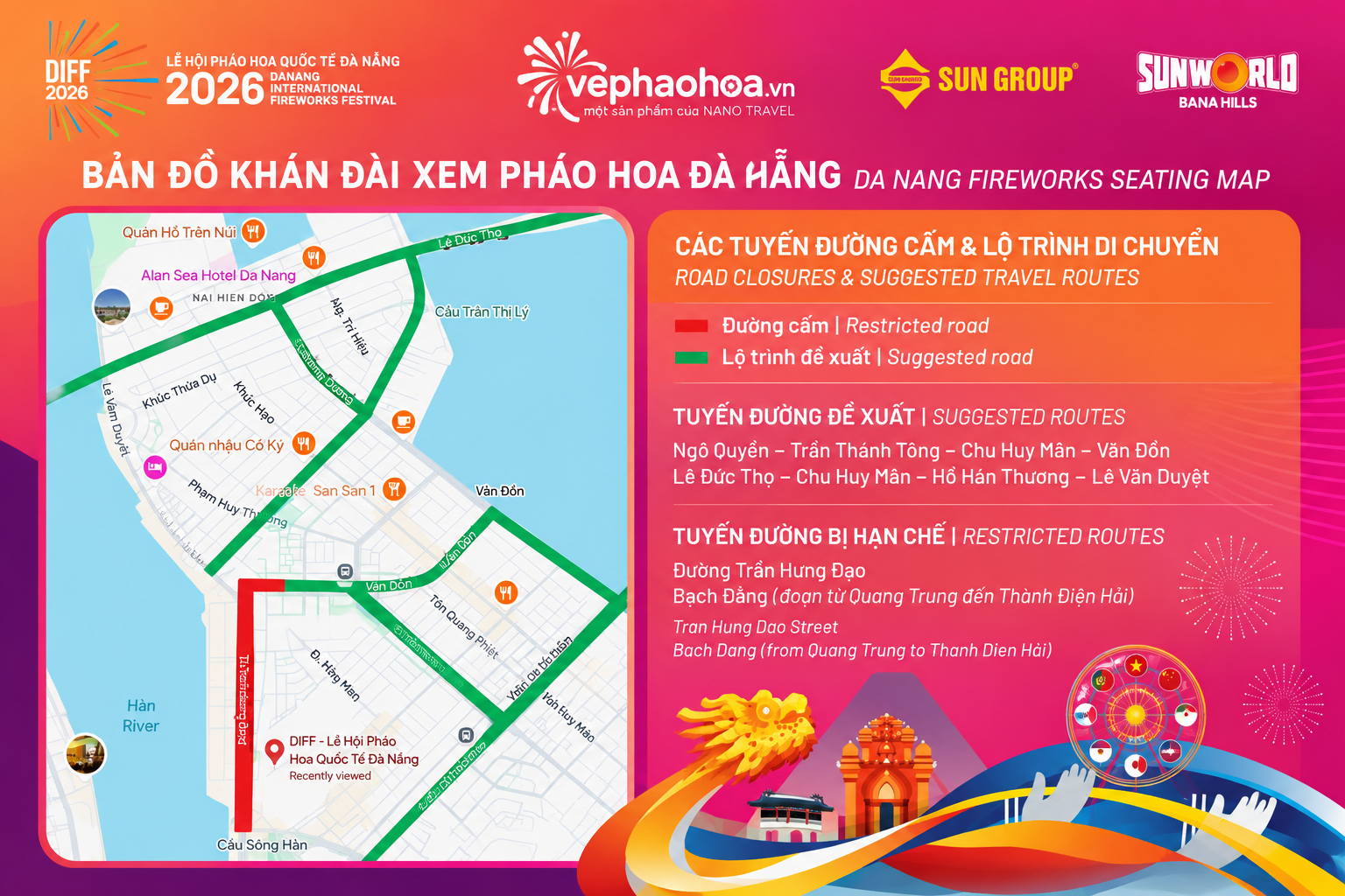 ban-do-DIFF-2026-maps.png Bản đồ vị trí chỗ ngồi xem pháo hoa Đà Nẵng 2026, hiển thị các tuyến đường cấm và lộ trình di chuyển, kèm theo thông tin về các tuyến đường đề xuất và khu vực hạn chế.