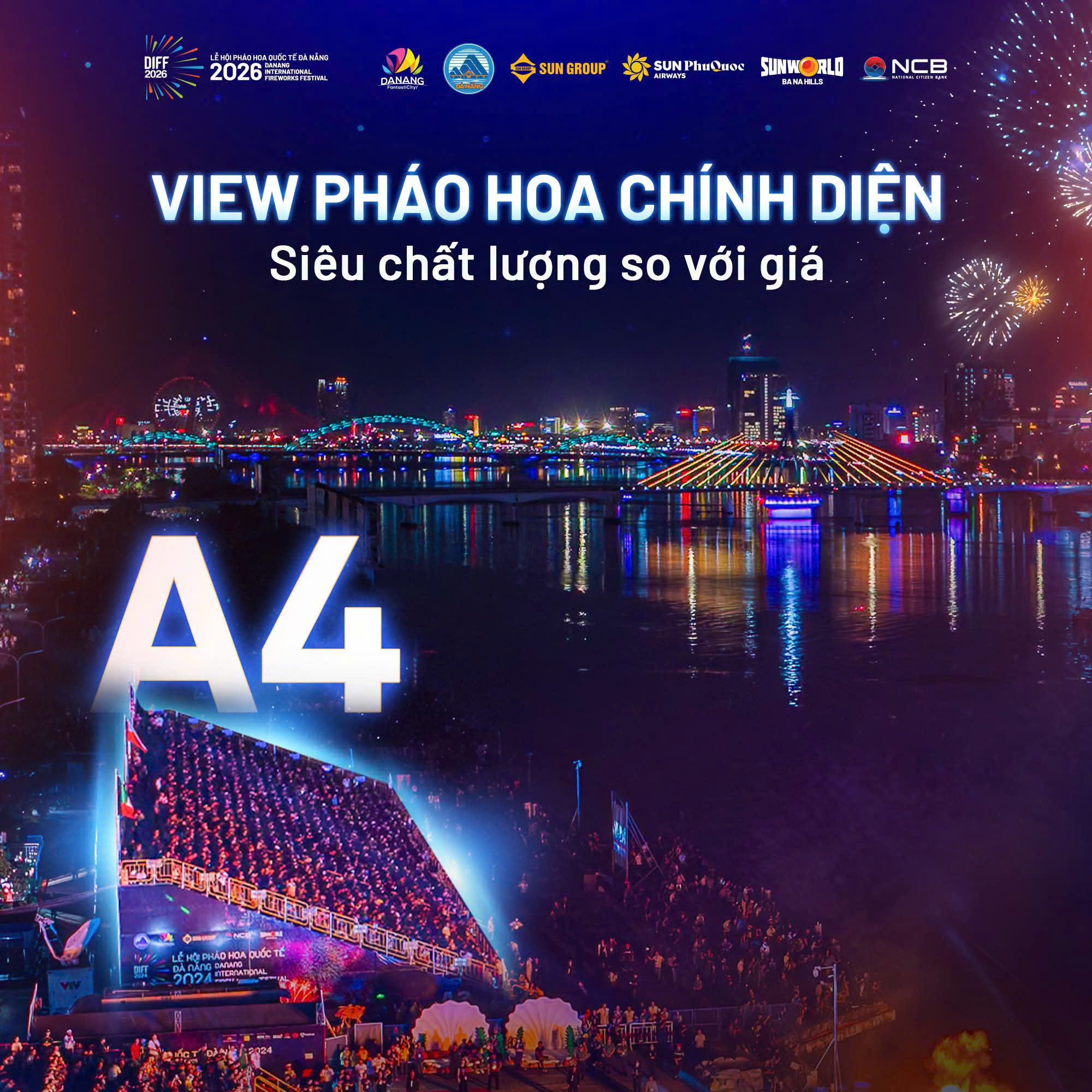 Khung cảnh lễ hội với màn pháo hoa rực rỡ, người xem tập trung tại khu vực A4, bên cạnh dòng sông và cầu. Ánh sáng lung linh từ pháo hoa tạo nên không khí lễ hội sôi động.