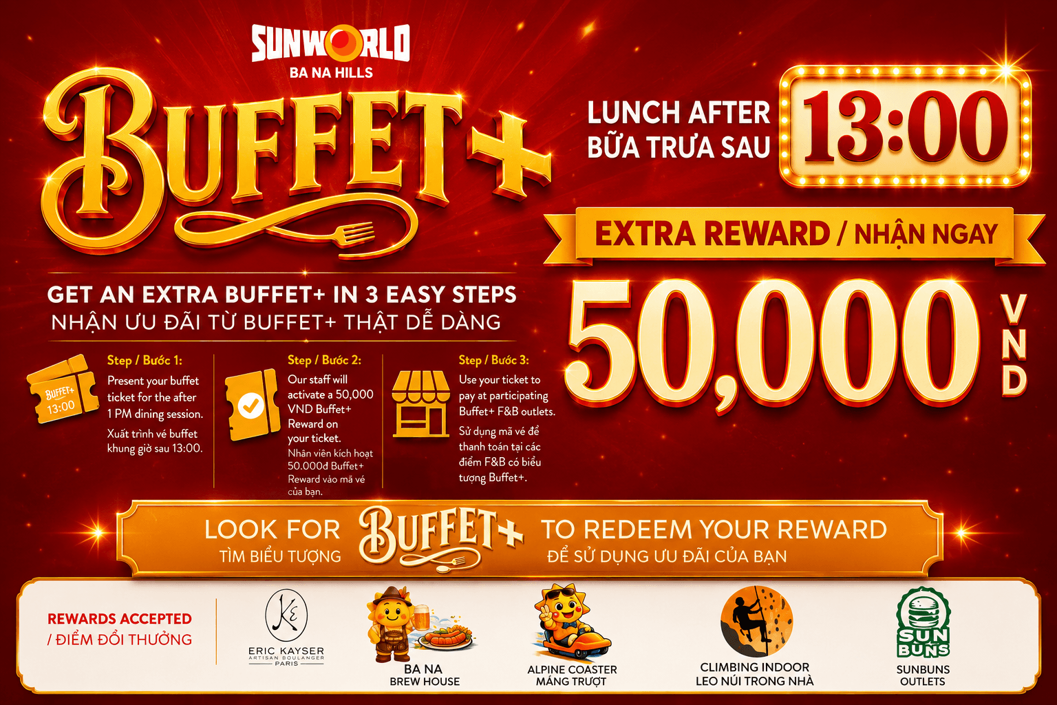 Ưu đãi tháng 7 tại Bà Nà Hills: Nhận coupon 50.000 VNĐ khi mua buffet 13:00–15:00