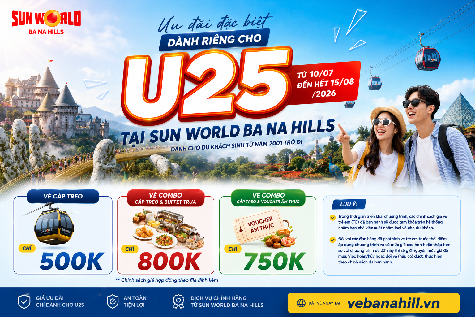 Bà Nà Hills ưu đãi U25: Vé cáp 500K, Combo cáp & buffet 800K