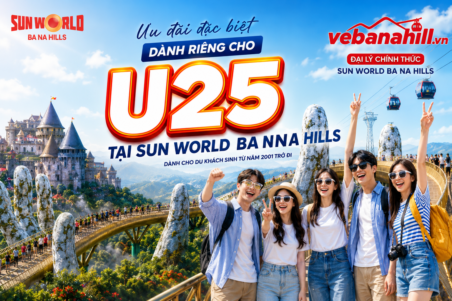 banahill_u25_coupon_2026.png Ưu đãi đặc biệt 500K cho khách U25 tại Bà Nà Hills, với hình ảnh phong cảnh tuyệt đẹp và các bạn trẻ vui vẻ bên cáp treo.