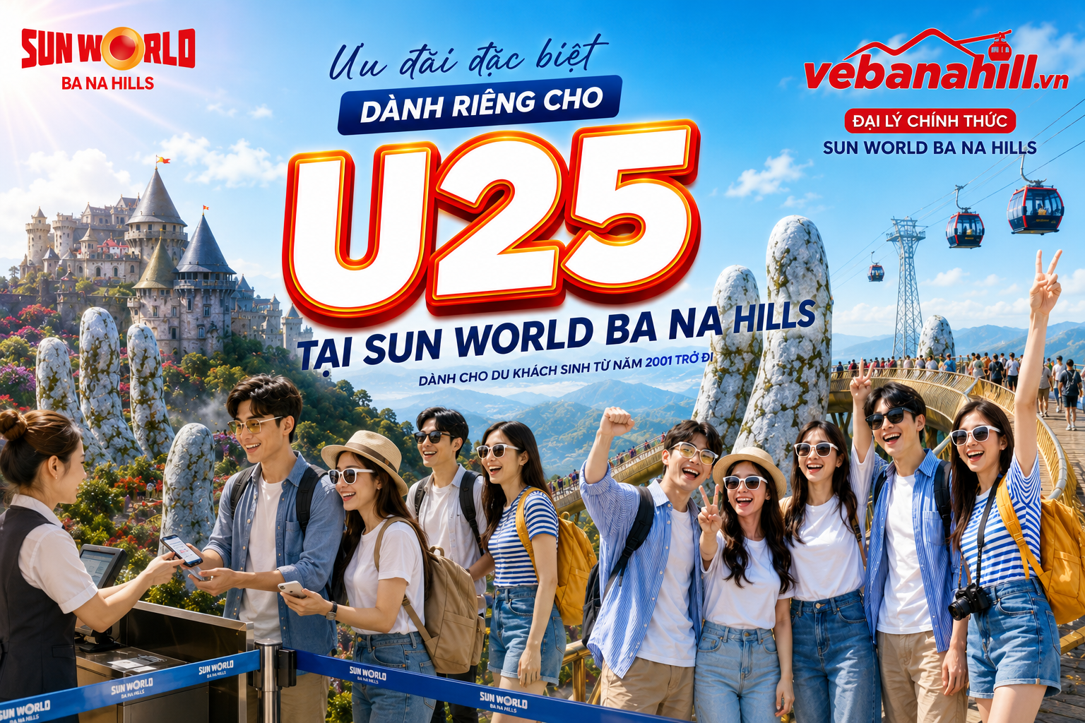 banahill_u25_coupon_2026_official.png Ưu đãi đặc biệt cho khách U25 tại Sun World Bà Nà Hills với vé cáp 500K, hình ảnh nhóm bạn trẻ vui vẻ chụp ảnh tại khu du lịch.