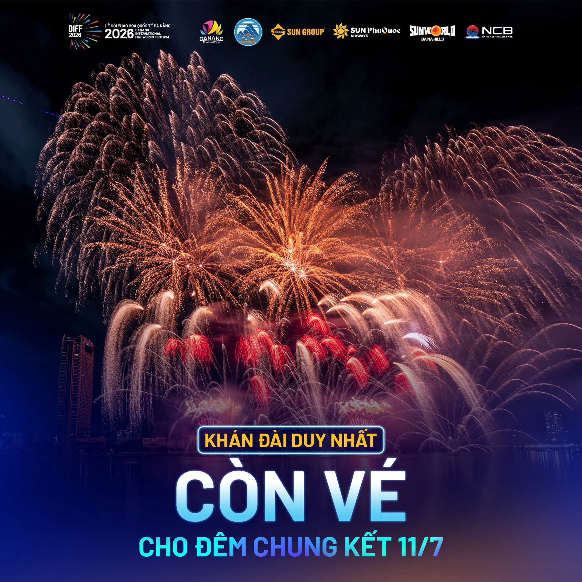 735844527_1323540193270049_3516214782493746558_n.jpg Mở bán vé khán đài A4 cho đêm chung kết DIFF 2026, với hình ảnh pháo hoa rực rỡ và thông tin về sự kiện.