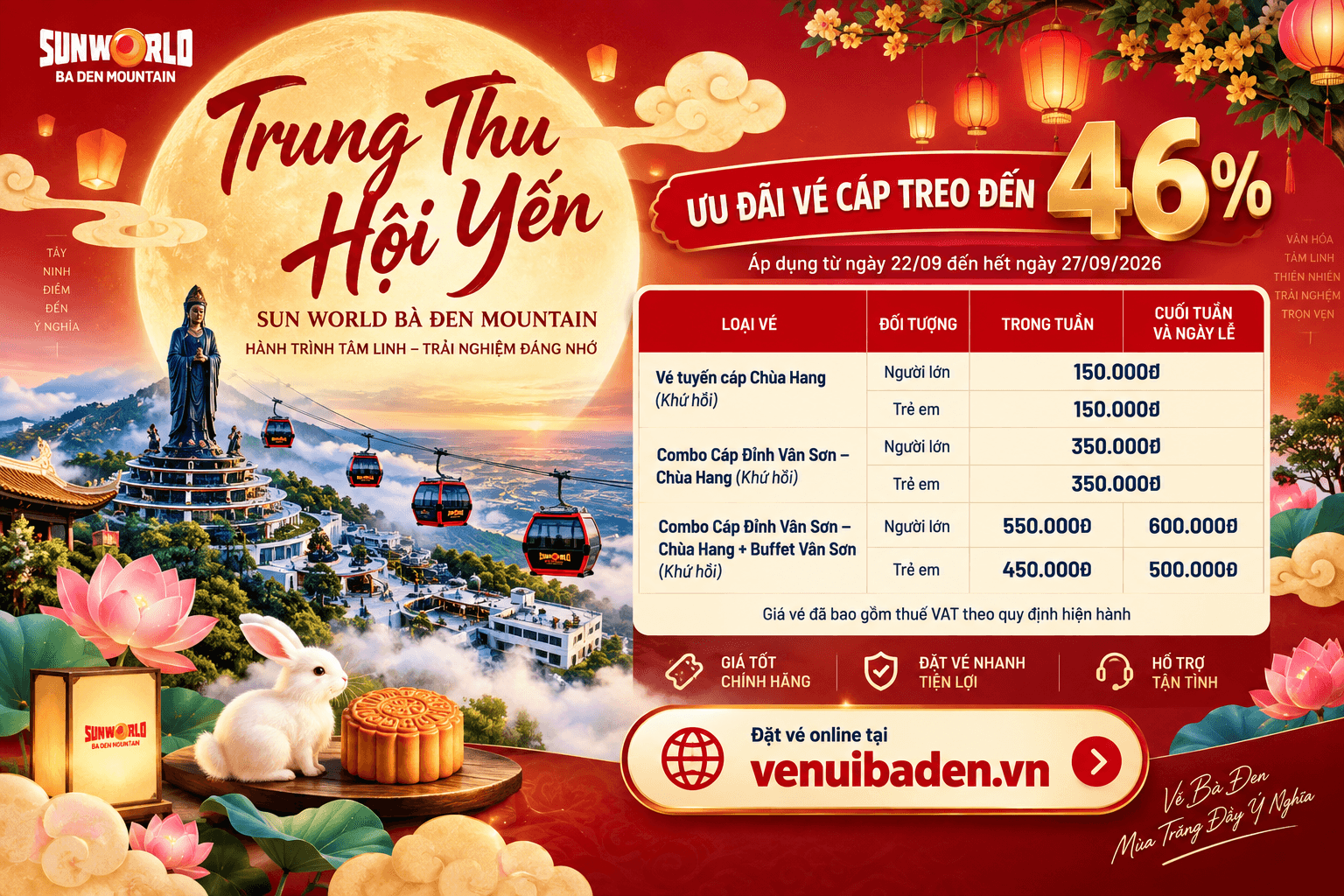 Khuyến Mãi Vé Núi Bà Đen Trung Thu 2026 – Vé Từ 150.000đ, Ưu Đãi Đến 46%